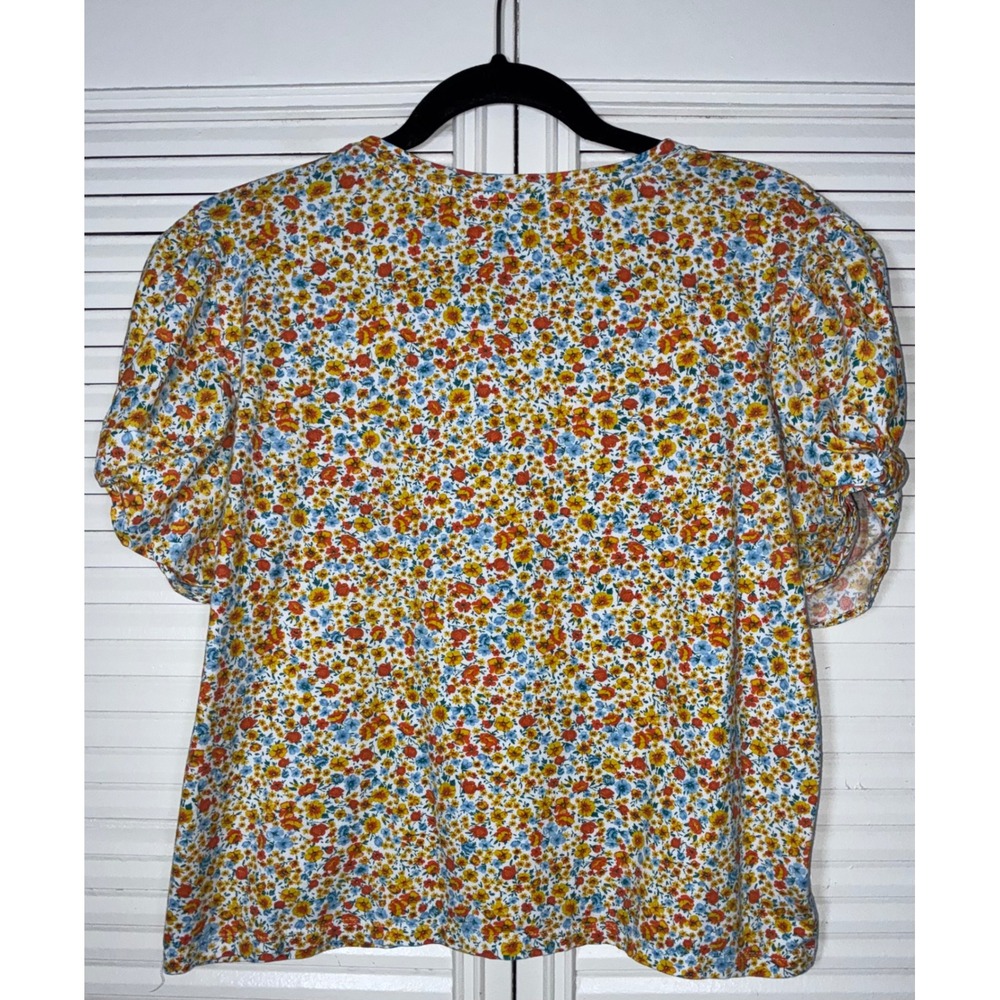 Zara Womens Large Floral Ditsy Print Puff Sleeve Tee Shirt Multicolor Cotton Mix - Picture 2 of 8